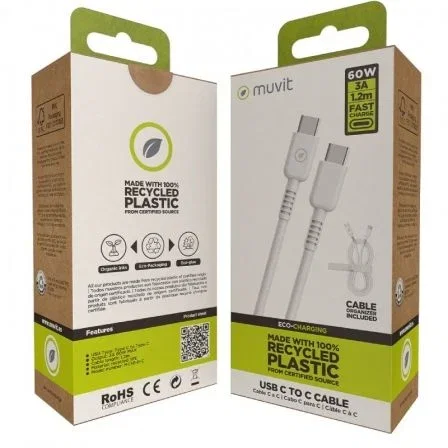 Muvit Cable USB 2.0 Tipo-C Macho a Tipo-C 60W 1.2m Blanco - Carga Rápida